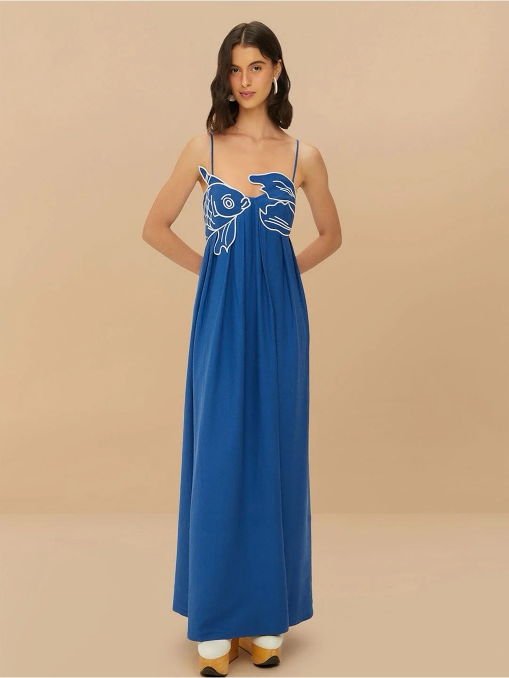 NWT Farm Rio Blue Fish Top Maxi Dress Lenzing Ecovero Linen 346277 Medium